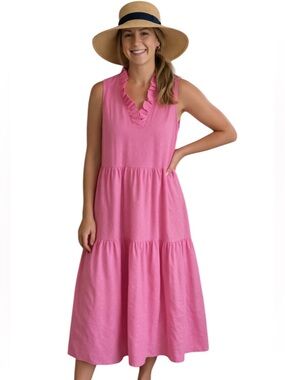 Crown & Ivy Pink Cotton Midi Dress L Sleeveless Pockets Flowy Summer Casual